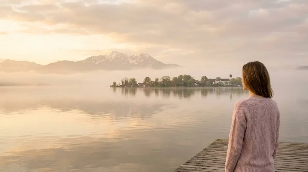 Frau steht auf einem Steg am Chiemsee und blickt im Morgennebel auf die Fraueninsel und die Berge