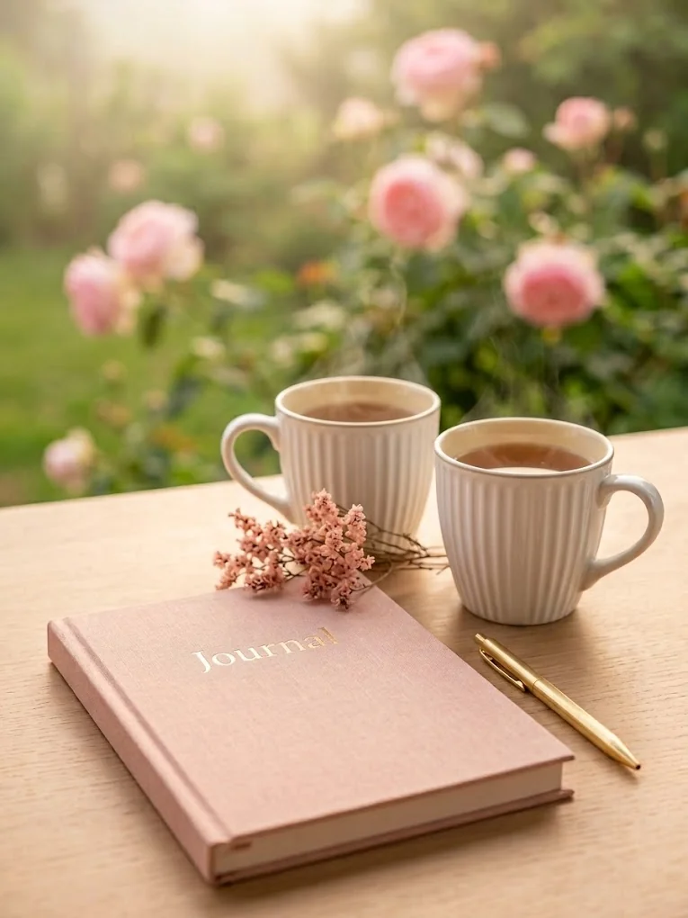 Rosafarbenes Journal mit goldenem Stift und zwei Tassen Tee vor einem blühenden Rosengarten