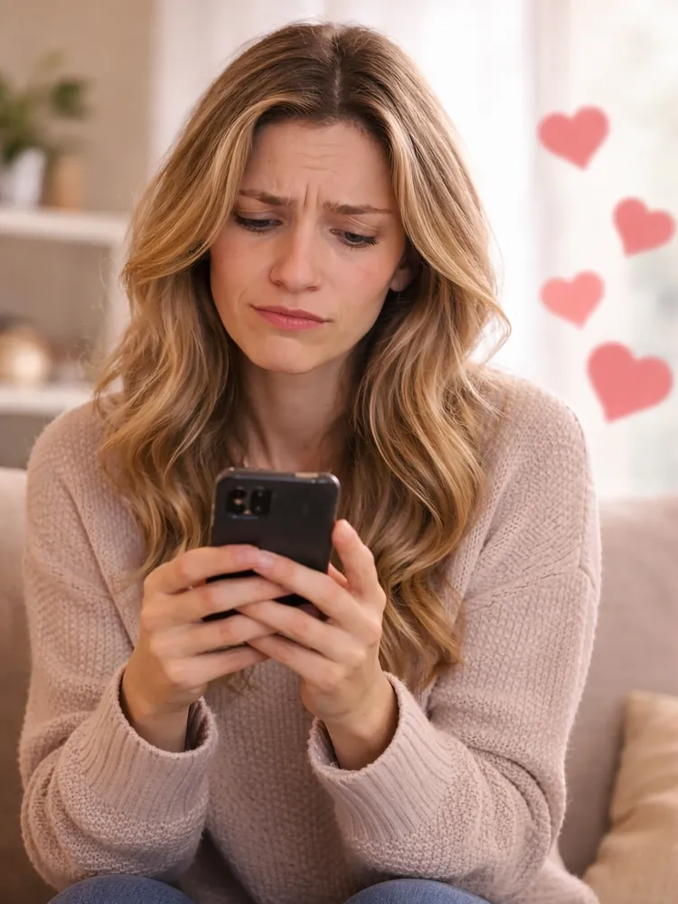 Single-Frau sitzt auf dem Sofa und schaut nachdenklich auf ihr Handy