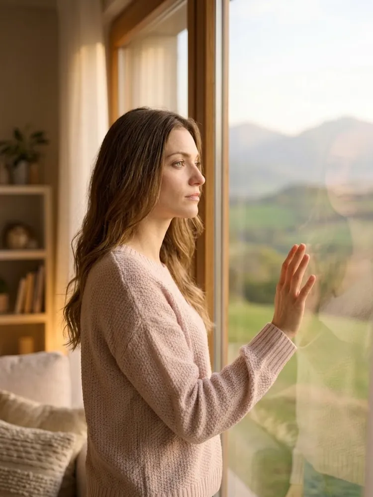 Frau steht am Fenster und schaut nachdenklich auf eine Berglandschaft