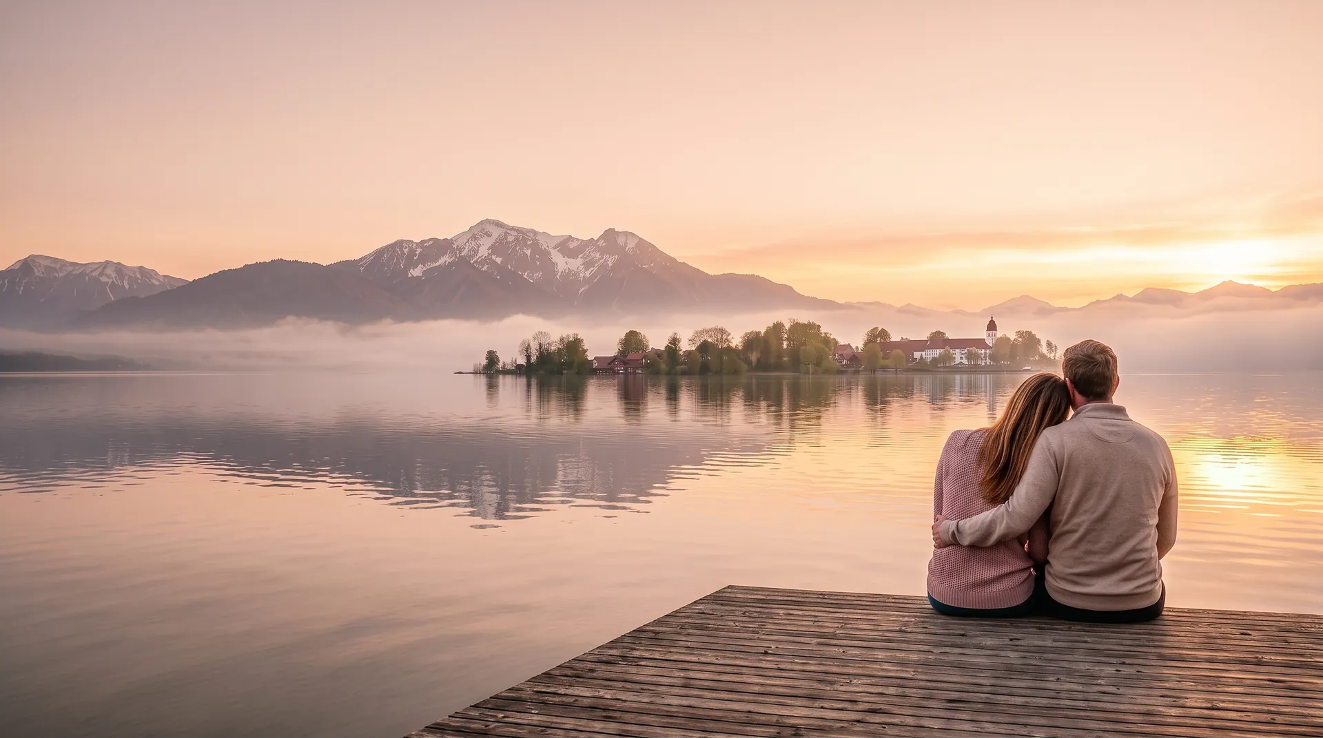 Paar sitzt eng umarmt auf einem Steg am Chiemsee und blickt auf die Fraueninsel und die Berge